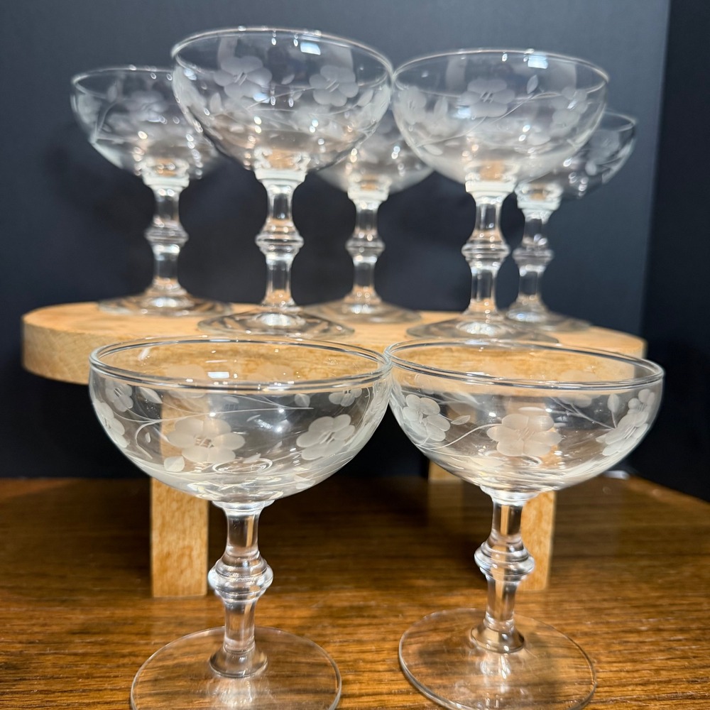 Vintage Etched Floral Champagne Coupe Glasses Set of 13 Mid Century‎ Sherbet